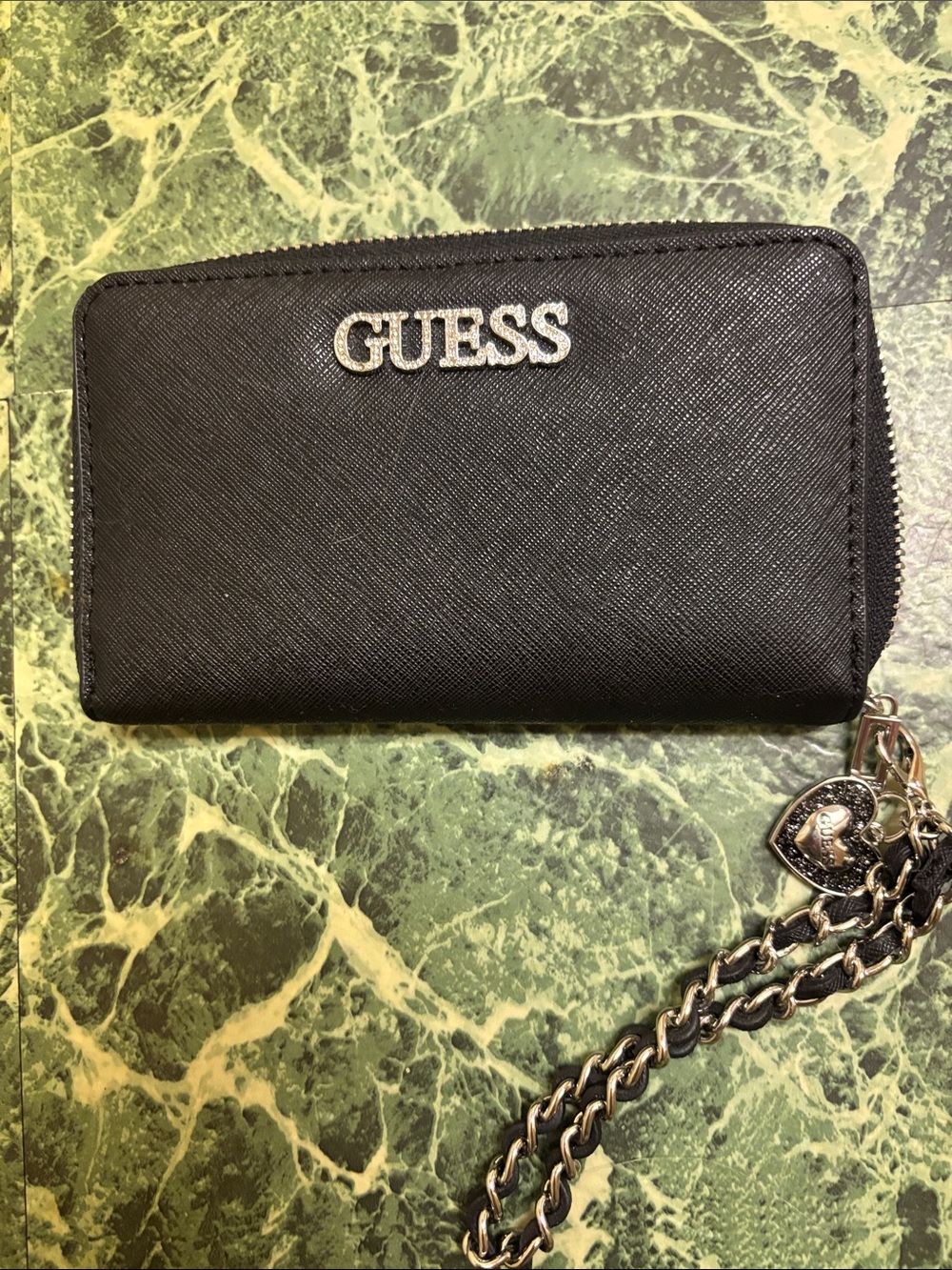 GUESS Black Saffiano Zip Wallet with Silver Chain Charm